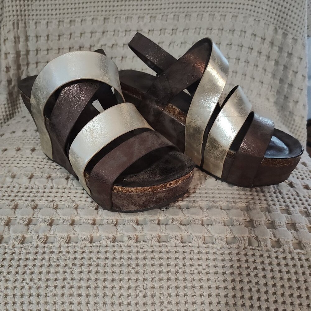 Pierre Dumas Metallic Strappy Wedge Sandals